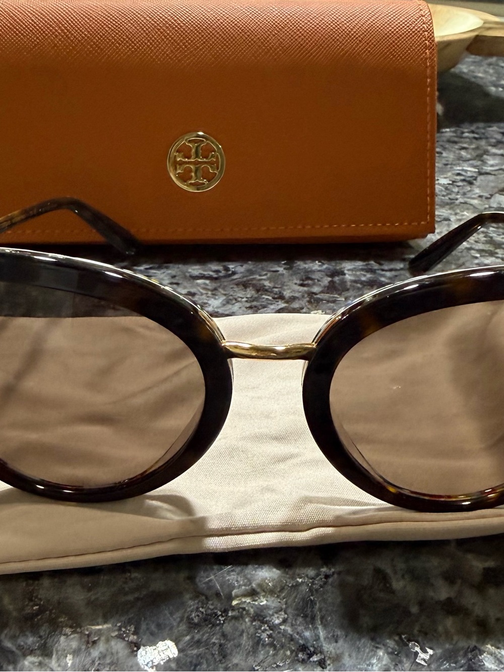 Tory Burch Tortoiseshell Round Sunglasses with Brown Lenses and Tan Case